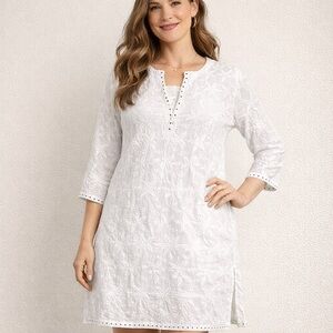 White Embroidered Starfish Beach Tunic Dress Boho Coastal Cover Up Size XL
